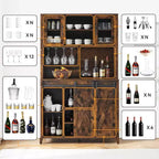 Acekool Meuble Bar à Vin 70" avec Étagère Supérieure, Portes Coulissantes Type Grange, Étagères Réglables, Supports à Verres, Couleur Bois Brûlé