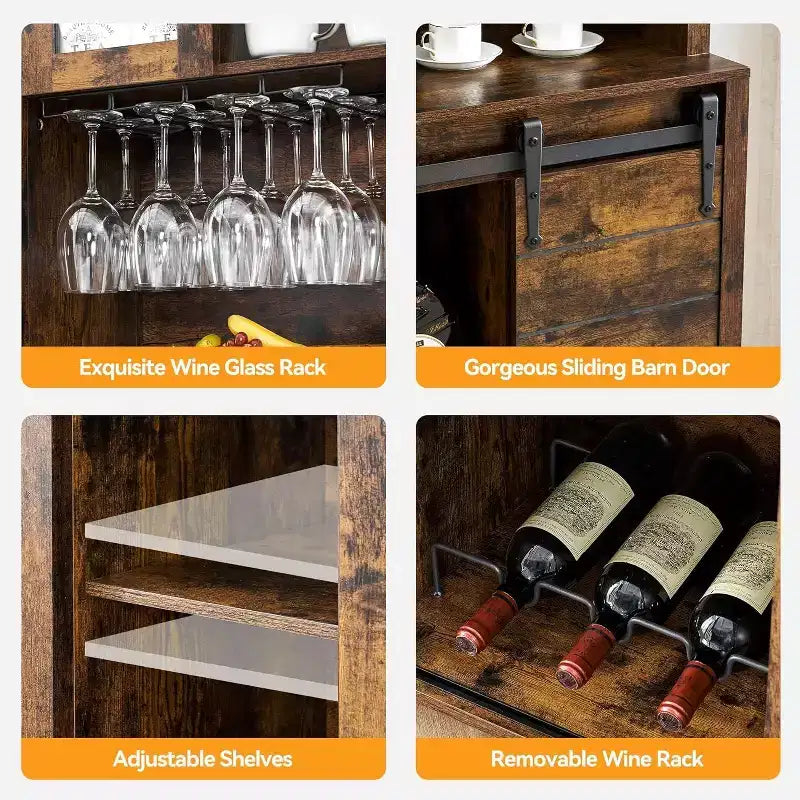 Acekool Meuble Bar à Vin 70" avec Étagère Supérieure, Portes Coulissantes Type Grange, Étagères Réglables, Supports à Verres, Couleur Bois Brûlé