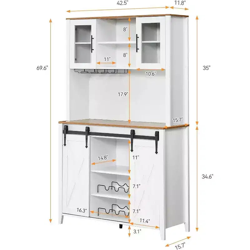 Acekool Meuble Bar à Vin 70" avec Étagère Supérieure, Portes Coulissantes Type Grange, Étagères Réglables, Supports à Verres, Couleur Bois Brûlé