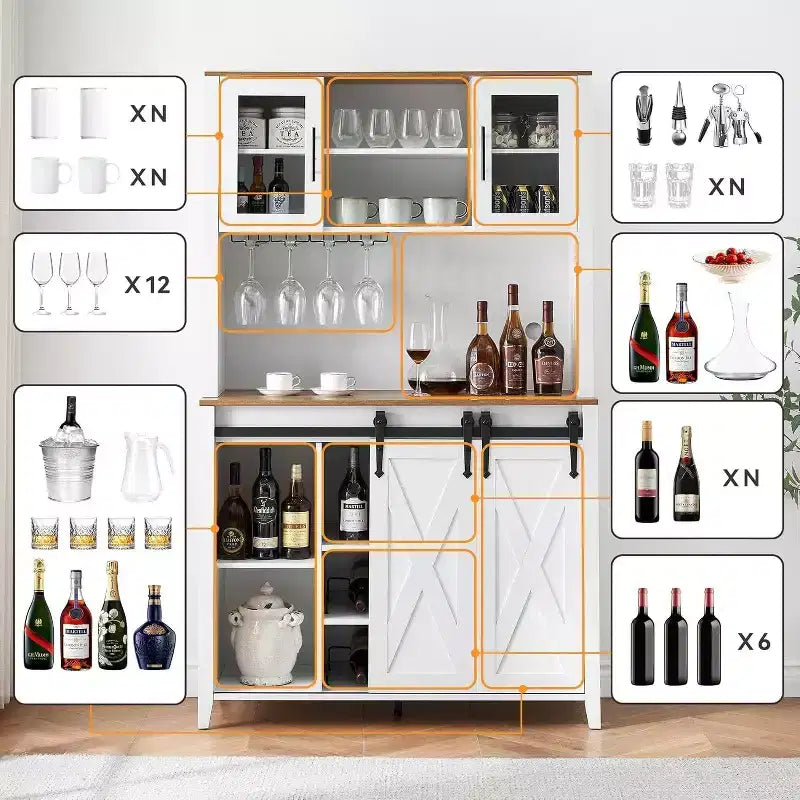 Acekool Meuble Bar à Vin 70" avec Étagère Supérieure, Portes Coulissantes Type Grange, Étagères Réglables, Supports à Verres, Couleur Bois Brûlé