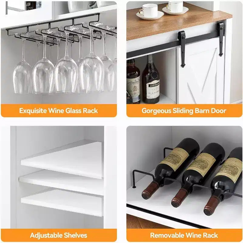 Acekool Meuble Bar à Vin 70" avec Étagère Supérieure, Portes Coulissantes Type Grange, Étagères Réglables, Supports à Verres, Couleur Bois Brûlé