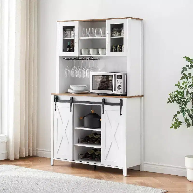Acekool Meuble Bar à Vin 70" avec Étagère Supérieure, Portes Coulissantes Type Grange, Étagères Réglables, Supports à Verres, Couleur Bois Brûlé