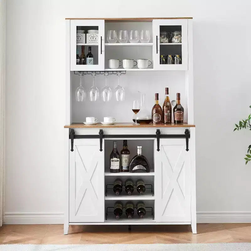 Acekool Meuble Bar à Vin 70" avec Étagère Supérieure, Portes Coulissantes Type Grange, Étagères Réglables, Supports à Verres, Couleur Bois Brûlé