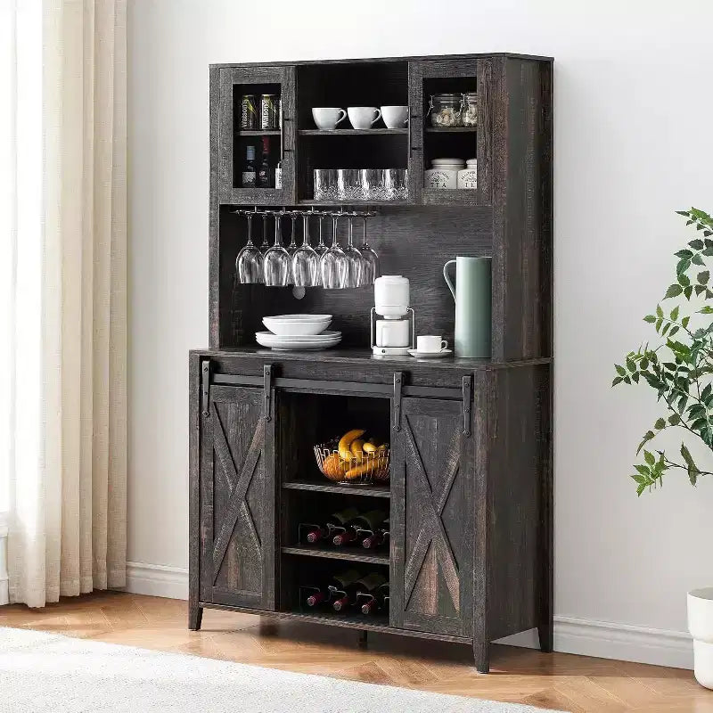 Acekool Meuble Bar à Vin 70" avec Étagère Supérieure, Portes Coulissantes Type Grange, Étagères Réglables, Supports à Verres, Couleur Bois Brûlé