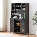 Acekool Meuble Bar à Vin 70" avec Étagère Supérieure, Portes Coulissantes Type Grange, Étagères Réglables, Supports à Verres, Couleur Bois Brûlé