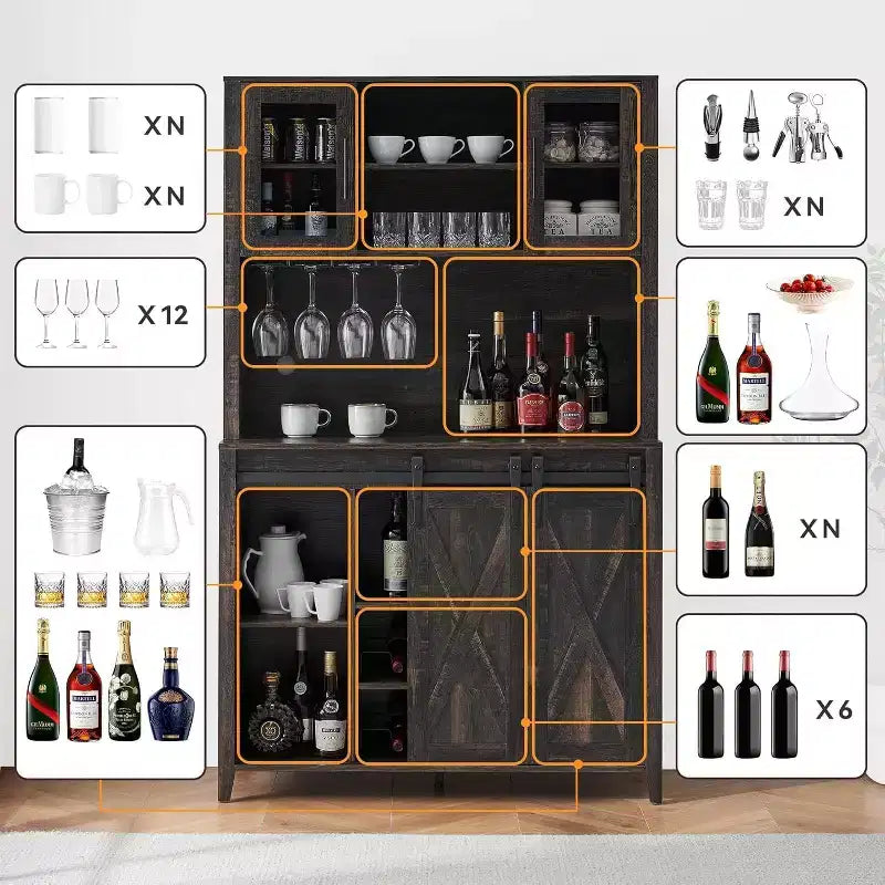 Acekool Meuble Bar à Vin 70" avec Étagère Supérieure, Portes Coulissantes Type Grange, Étagères Réglables, Supports à Verres, Couleur Bois Brûlé