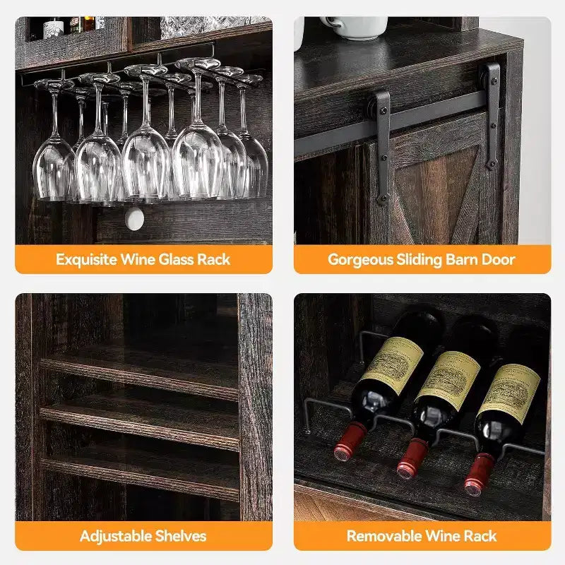 Acekool Meuble Bar à Vin 70" avec Étagère Supérieure, Portes Coulissantes Type Grange, Étagères Réglables, Supports à Verres, Couleur Bois Brûlé