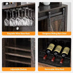 Acekool Meuble Bar à Vin 70" avec Étagère Supérieure, Portes Coulissantes Type Grange, Étagères Réglables, Supports à Verres, Couleur Bois Brûlé