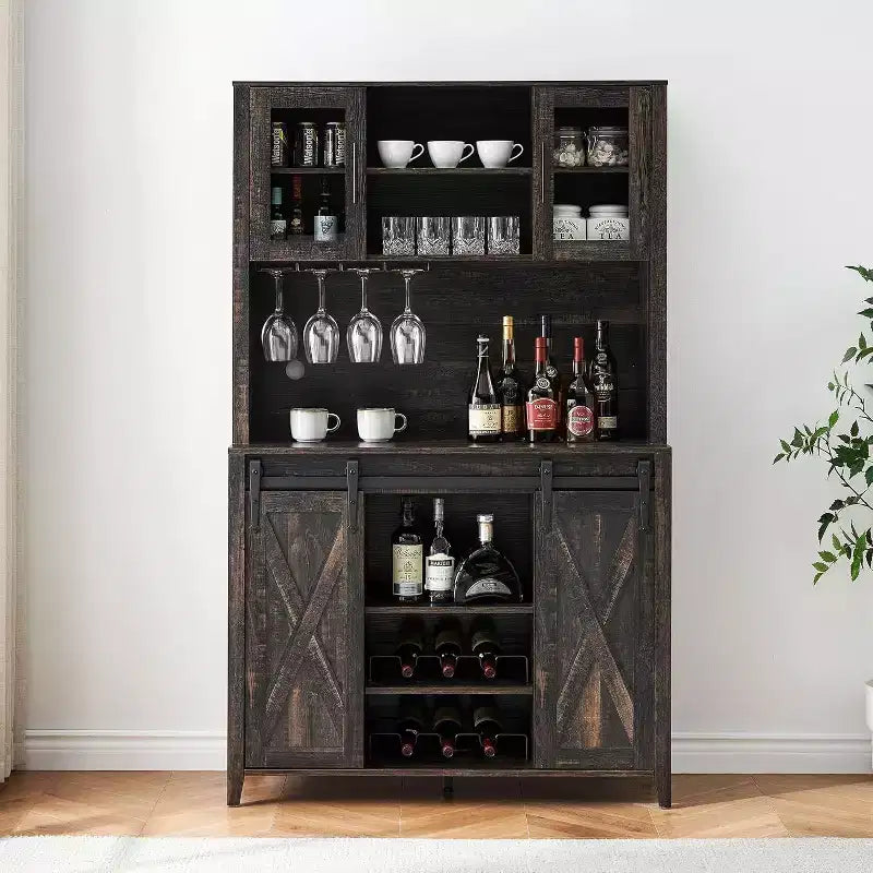 Acekool Meuble Bar à Vin 70" avec Étagère Supérieure, Portes Coulissantes Type Grange, Étagères Réglables, Supports à Verres, Couleur Bois Brûlé