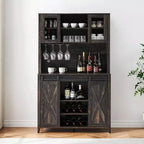 Acekool Meuble Bar à Vin 70" avec Étagère Supérieure, Portes Coulissantes Type Grange, Étagères Réglables, Supports à Verres, Couleur Bois Brûlé