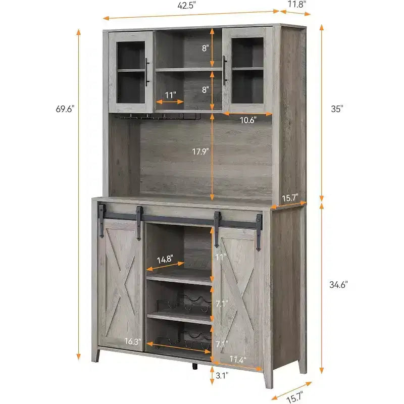 Acekool Meuble Bar à Vin 70" avec Étagère Supérieure, Portes Coulissantes Type Grange, Étagères Réglables, Supports à Verres, Couleur Bois Brûlé