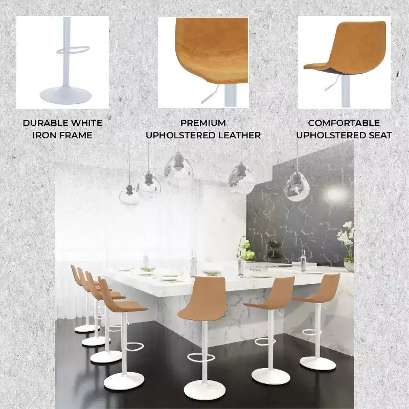 Tabourets de bar LeisureMod Tilbury avec base en fer blanc, tabourets de comptoir réglables en hauteur avec siège en cuir, fonction pivotante et repose-pieds, lot de 2