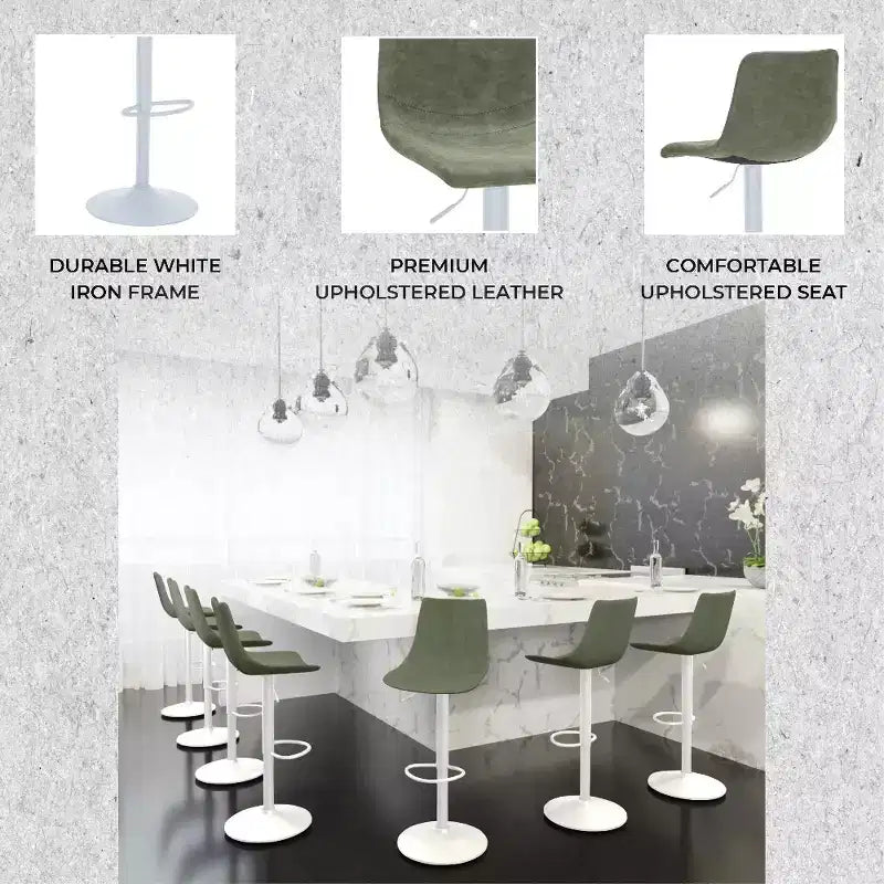 Tabourets de bar LeisureMod Tilbury avec base en fer blanc, tabourets de comptoir réglables en hauteur avec siège en cuir, fonction pivotante et repose-pieds, lot de 2