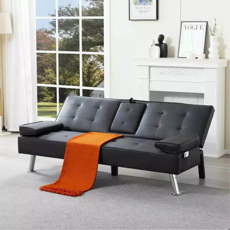 Canapé-lit convertible futon MAYEERTY 69.49 avec porte-gobelets et pochette latérale, dossier réglable sur 5 positions