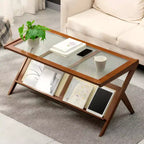 Tables basses en rotin MAYEERTY pour salon Table basse moderne bohème du milieu du siècle avec plateau en verre Marron