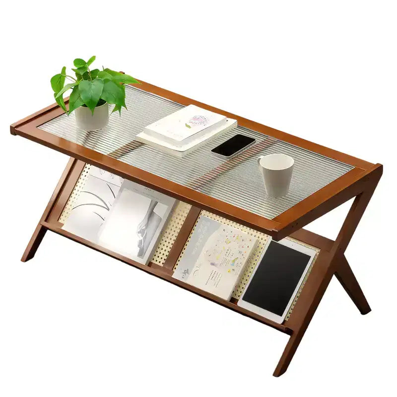 Tables basses en rotin MAYEERTY pour salon Table basse moderne bohème du milieu du siècle avec plateau en verre Marron