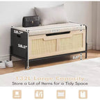 Acekool Banc de Rangement en Rotin avec Charnières de Sécurité, Banc à Chaussures Rembourré pour Entrée et Coffre de Rangement, pour Couloir, Chambre, Salon, Naturel