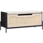 Acekool Banc de Rangement en Rotin avec Charnières de Sécurité, Banc à Chaussures Rembourré pour Entrée et Coffre de Rangement, pour Couloir, Chambre, Salon, Naturel