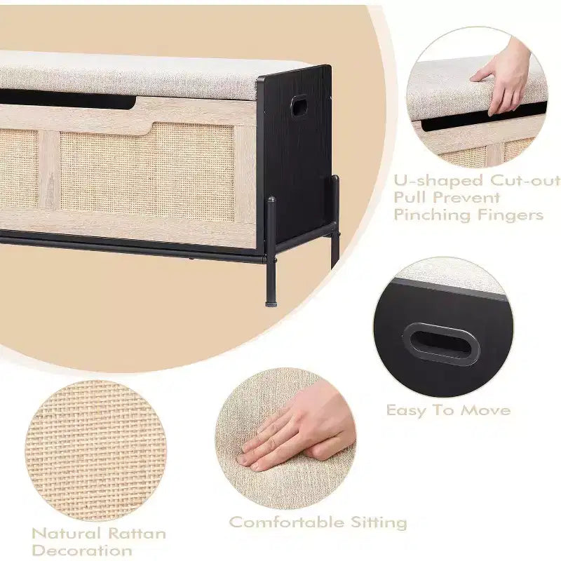 Acekool Banc de Rangement en Rotin avec Charnières de Sécurité, Banc à Chaussures Rembourré pour Entrée et Coffre de Rangement, pour Couloir, Chambre, Salon, Naturel