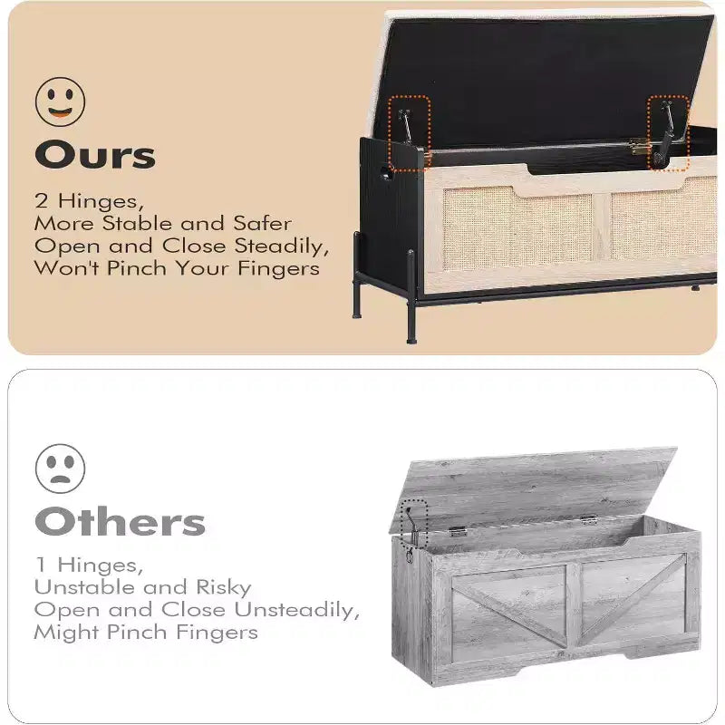 Acekool Banc de Rangement en Rotin avec Charnières de Sécurité, Banc à Chaussures Rembourré pour Entrée et Coffre de Rangement, pour Couloir, Chambre, Salon, Naturel