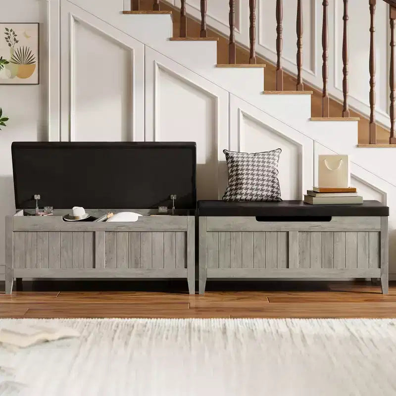 Banc de rangement GustoWave, Coffre de rangement en bois de 100 cm avec 2 charnières de sécurité, Banc d'entrée avec couvercle à charnière, Grand coffre pour salon, chambre à coucher