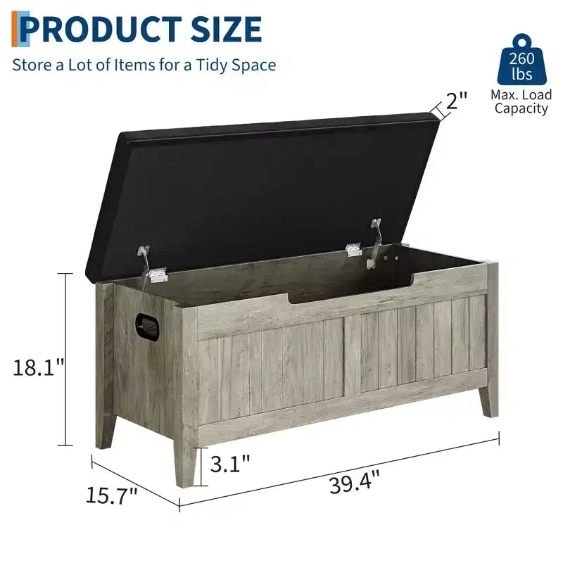 Banc de rangement GustoWave, Coffre de rangement en bois de 100 cm avec 2 charnières de sécurité, Banc d'entrée avec couvercle à charnière, Grand coffre pour salon, chambre à coucher