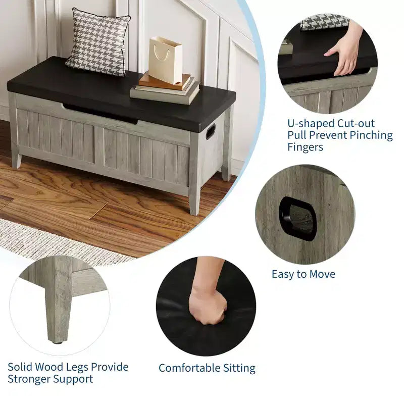 Banc de rangement GustoWave, Coffre de rangement en bois de 100 cm avec 2 charnières de sécurité, Banc d'entrée avec couvercle à charnière, Grand coffre pour salon, chambre à coucher