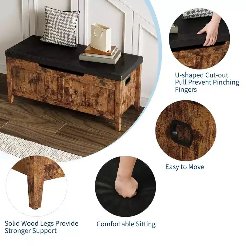 Banc de rangement GustoWave, Coffre de rangement en bois de 100 cm avec 2 charnières de sécurité, Banc d'entrée avec couvercle à charnière, Grand coffre pour salon, chambre à coucher