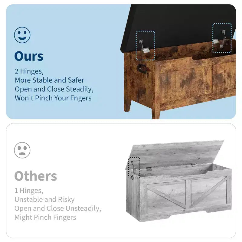 Banc de rangement GustoWave, Coffre de rangement en bois de 100 cm avec 2 charnières de sécurité, Banc d'entrée avec couvercle à charnière, Grand coffre pour salon, chambre à coucher
