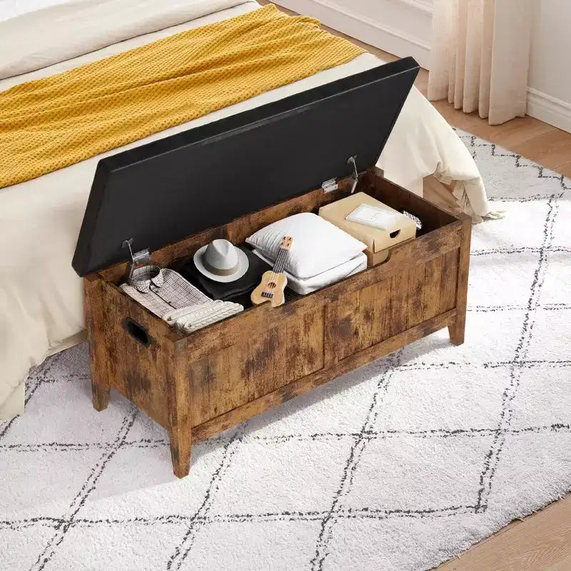 Banc de rangement GustoWave, Coffre de rangement en bois de 100 cm avec 2 charnières de sécurité, Banc d'entrée avec couvercle à charnière, Grand coffre pour salon, chambre à coucher