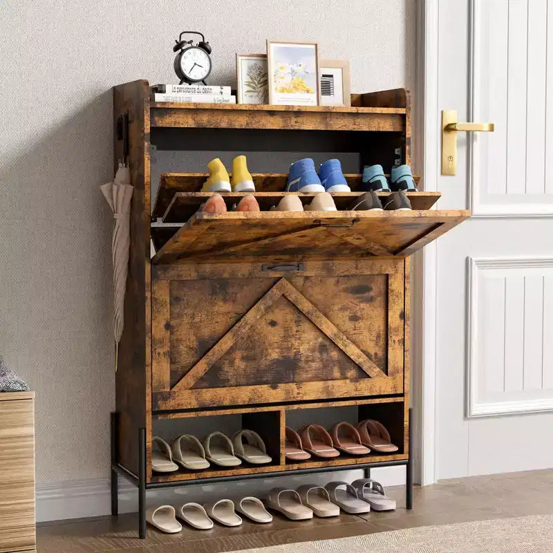 Meuble à chaussures GustoWave avec 2 tiroirs basculants, meuble de rangement pour chaussures d'entrée grande capacité, meuble à chaussures étroit avec pieds en métal
