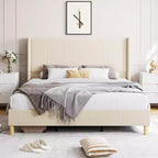 Cadre de lit King Size, cadre de lit plateforme capitonné en velours côtelé avec tête de lit à dossier ailé touffeté verticalement, lattes en bois solides, assemblage facile, beige