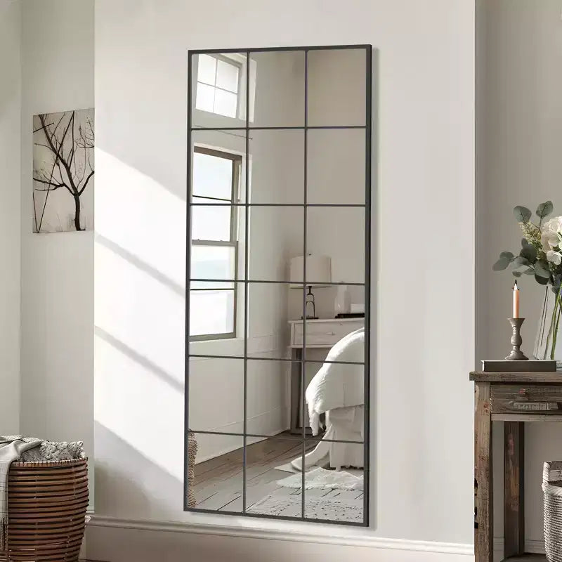 PexFix Miroir de fenêtre industriel sur pied, cadre en fer noir, 30 po L x 69 po H