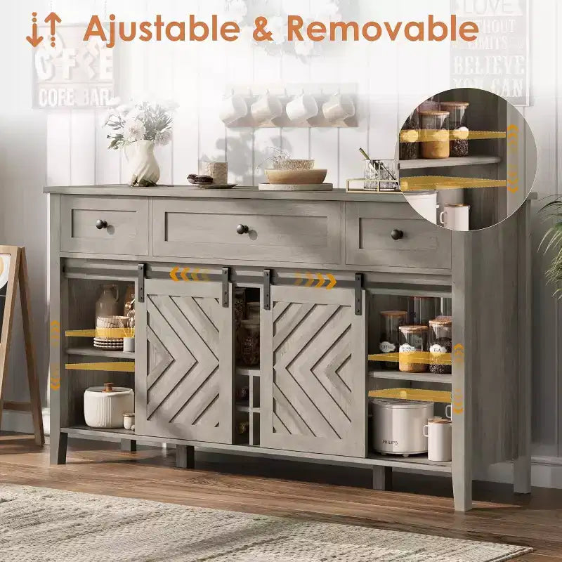 Acekool 47.2 Armoire de buffet de ferme, vaisselier rustique avec portes coulissantes, 3 tiroirs, étagères réglables, casier à vin amovible, blanc