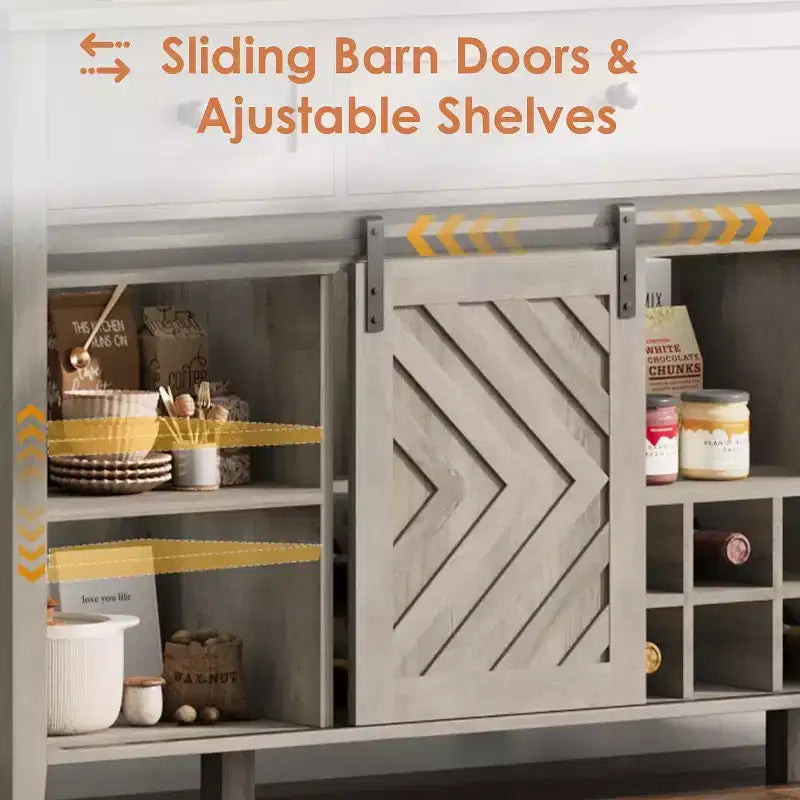Acekool 47.2 Armoire de buffet de ferme, vaisselier rustique avec portes coulissantes, 3 tiroirs, étagères réglables, casier à vin amovible, blanc