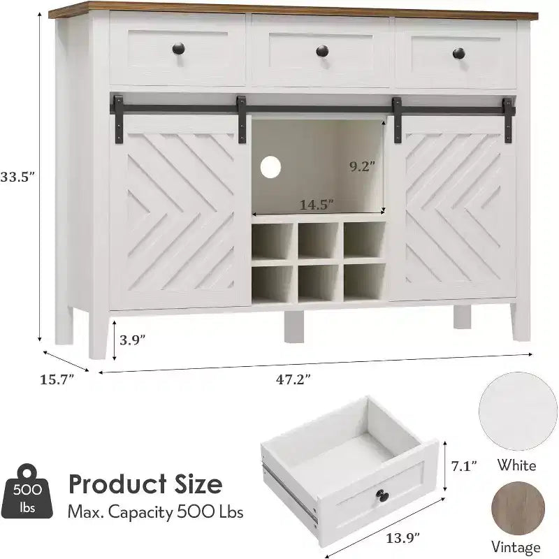 Acekool 47.2 Armoire de buffet de ferme, vaisselier rustique avec portes coulissantes, 3 tiroirs, étagères réglables, casier à vin amovible, blanc