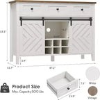 Acekool 47.2 Armoire de buffet de ferme, vaisselier rustique avec portes coulissantes, 3 tiroirs, étagères réglables, casier à vin amovible, blanc