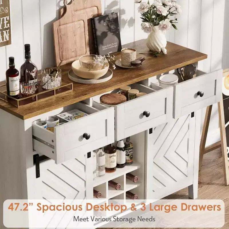 Acekool 47.2 Armoire de buffet de ferme, vaisselier rustique avec portes coulissantes, 3 tiroirs, étagères réglables, casier à vin amovible, blanc
