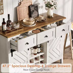 Acekool 47.2 Armoire de buffet de ferme, vaisselier rustique avec portes coulissantes, 3 tiroirs, étagères réglables, casier à vin amovible, blanc