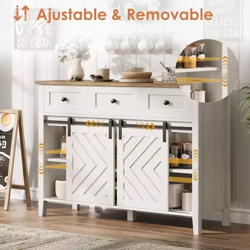 Acekool 47.2 Armoire de buffet de ferme, vaisselier rustique avec portes coulissantes, 3 tiroirs, étagères réglables, casier à vin amovible, blanc