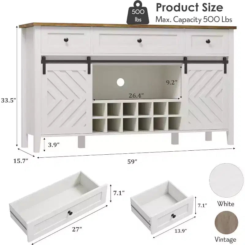 Acekool 47.2 Armoire de buffet de ferme, vaisselier rustique avec portes coulissantes, 3 tiroirs, étagères réglables, casier à vin amovible, blanc