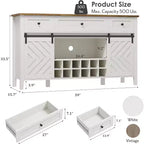 Acekool 47.2 Armoire de buffet de ferme, vaisselier rustique avec portes coulissantes, 3 tiroirs, étagères réglables, casier à vin amovible, blanc