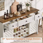 Acekool 47.2 Armoire de buffet de ferme, vaisselier rustique avec portes coulissantes, 3 tiroirs, étagères réglables, casier à vin amovible, blanc