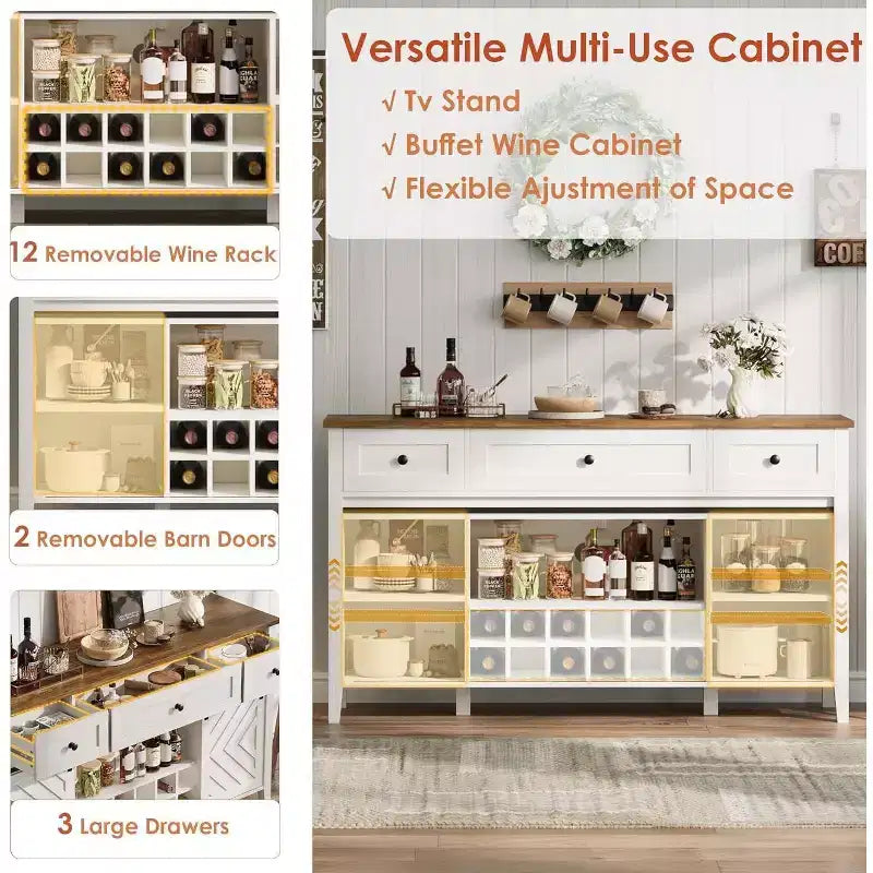Acekool 47.2 Armoire de buffet de ferme, vaisselier rustique avec portes coulissantes, 3 tiroirs, étagères réglables, casier à vin amovible, blanc