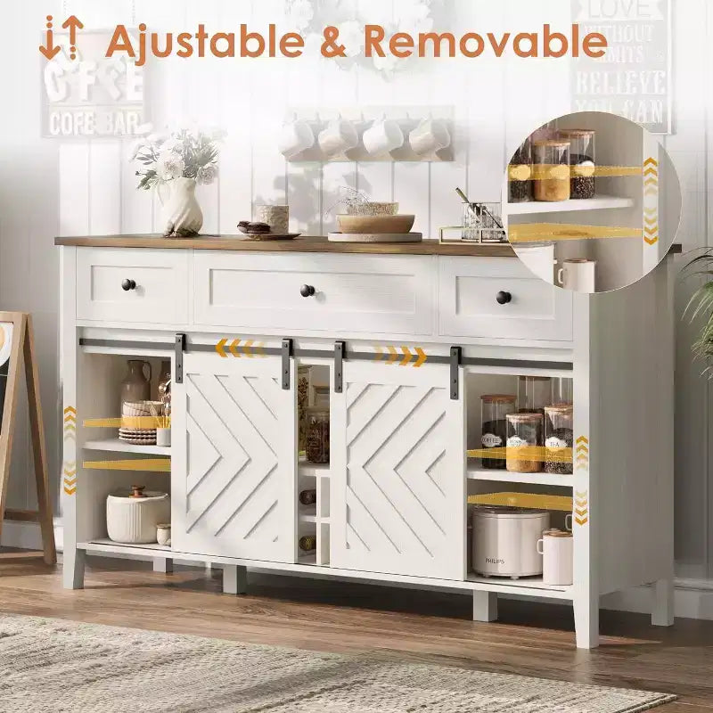 Acekool 47.2 Armoire de buffet de ferme, vaisselier rustique avec portes coulissantes, 3 tiroirs, étagères réglables, casier à vin amovible, blanc