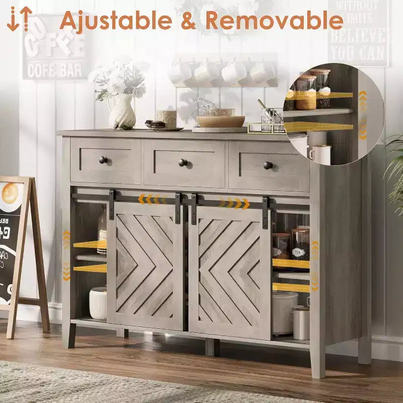 Acekool 47.2 Armoire de buffet de ferme, vaisselier rustique avec portes coulissantes, 3 tiroirs, étagères réglables, casier à vin amovible, blanc