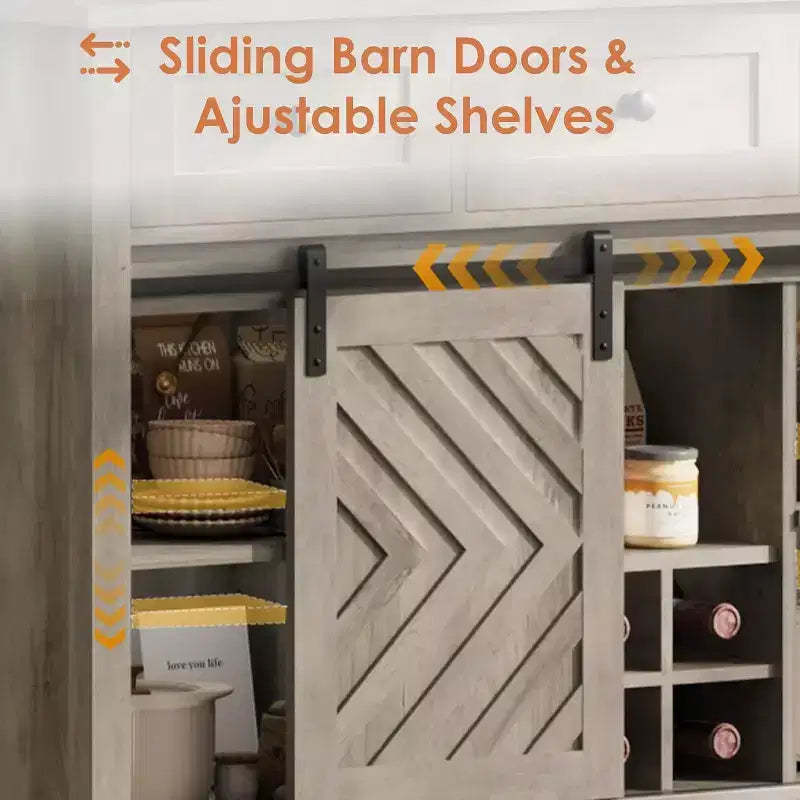 Acekool 47.2 Armoire de buffet de ferme, vaisselier rustique avec portes coulissantes, 3 tiroirs, étagères réglables, casier à vin amovible, blanc