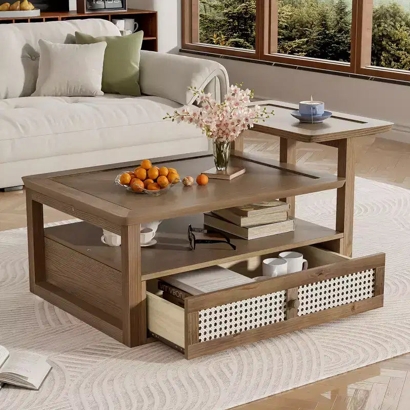 Table basse moderne Okak avec tiroir en rotin et rangement à deux niveaux, table basse de salon à 2 étagères