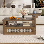 Table basse moderne Okak avec tiroir en rotin et rangement à deux niveaux, table basse de salon à 2 étagères