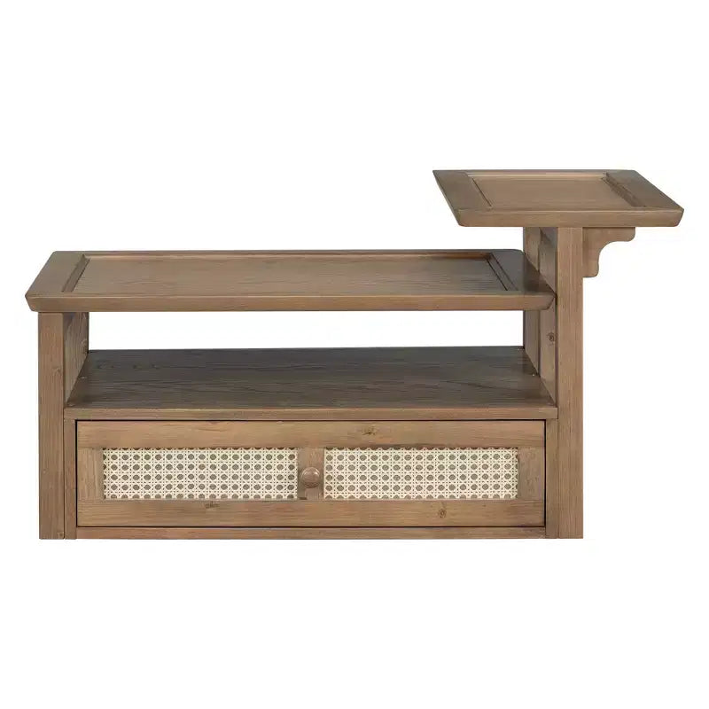 Table basse moderne Okak avec tiroir en rotin et rangement à deux niveaux, table basse de salon à 2 étagères